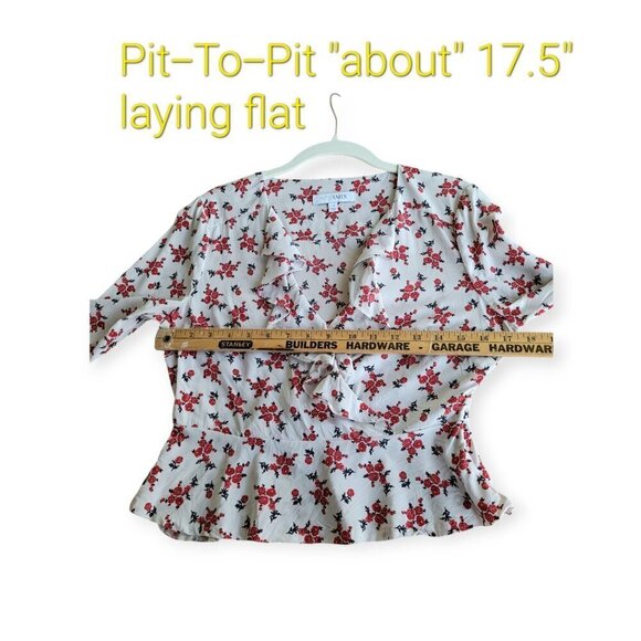 INTERMIX Evonne Silk Ruffle Floral Blouse — White/Red — Size 4 - Picture 5 of 7